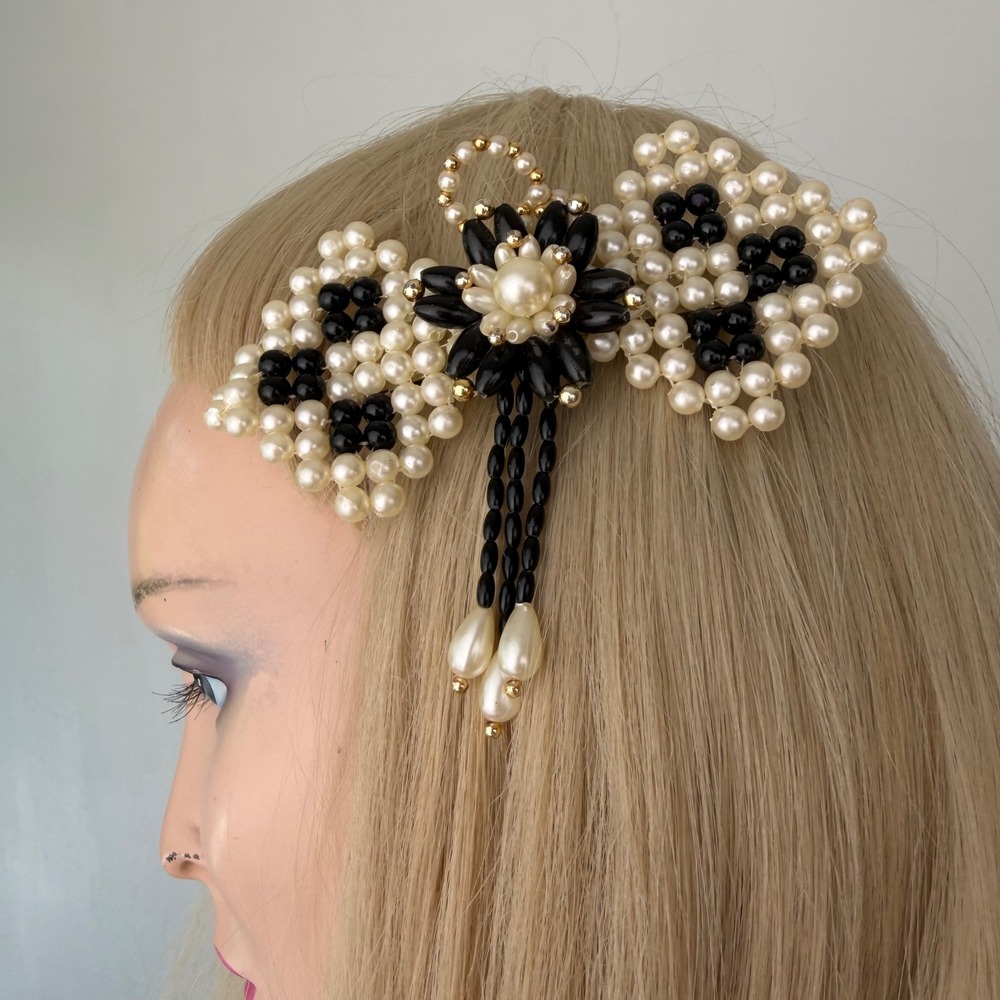 Handmade Beaded Bow Hair Clip Black White Balletcore Coquette Barrette OS